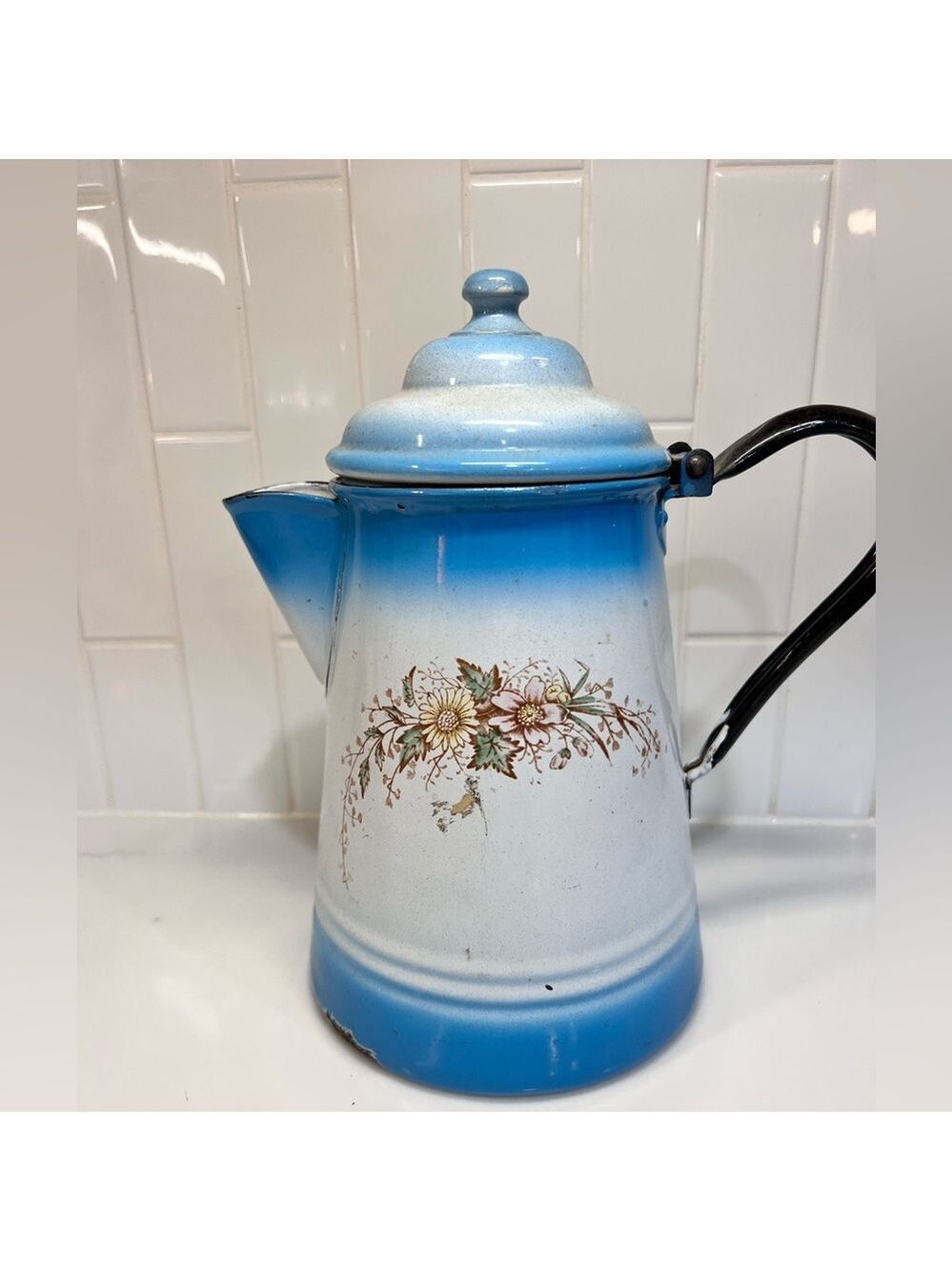 Vintage Enamel Coffee Pot Farmhouse Blue White Blend W Flowers Stewart W Va